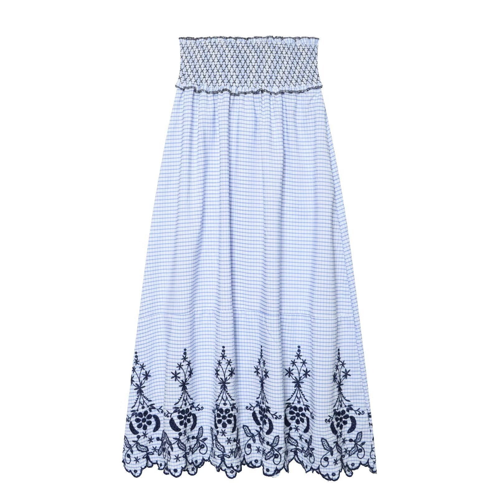 Women Clothing Summer Fashionable Lace Embroidered Plaid Midi Skirt