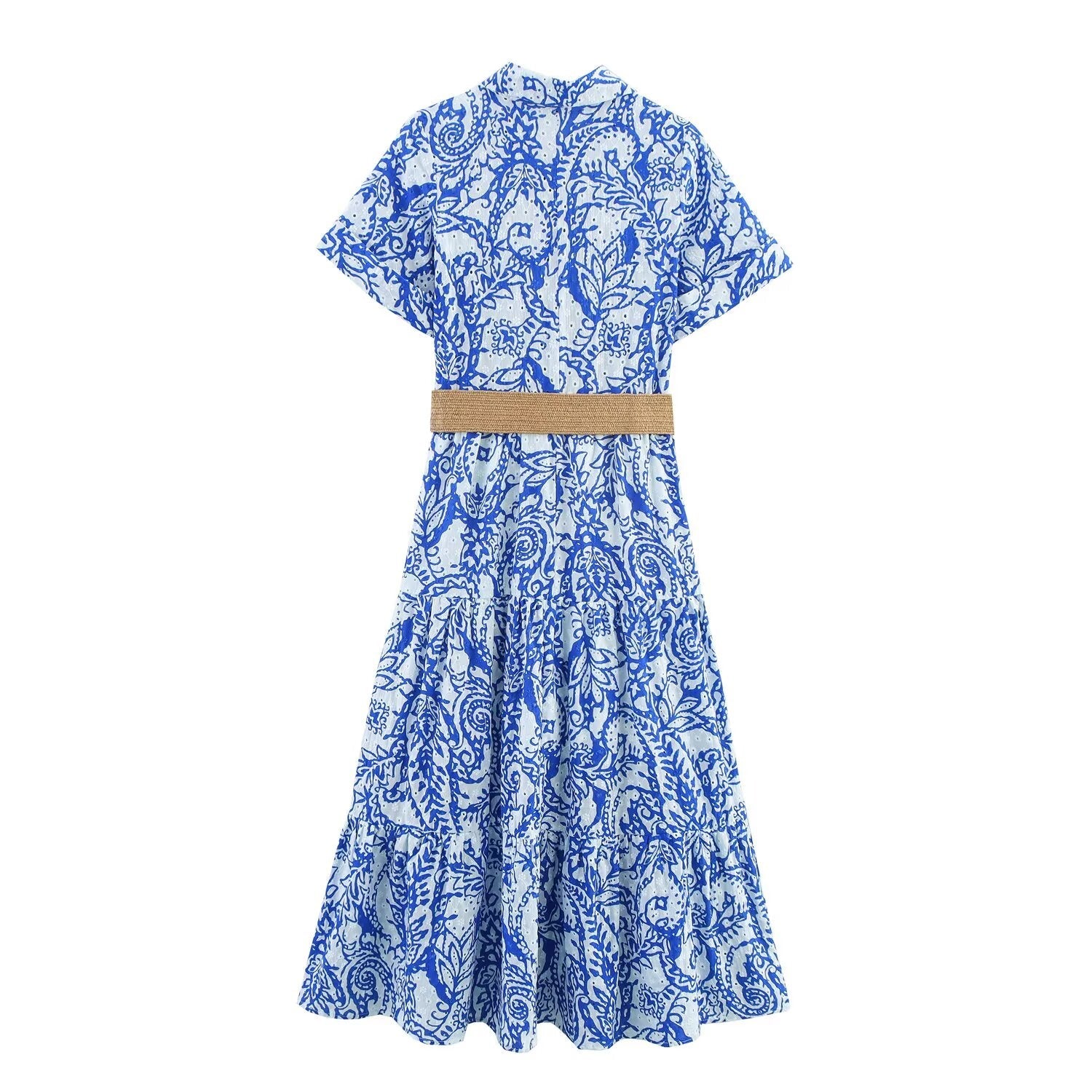 Women Clothing Summer Office with Belt Embroidery Dress