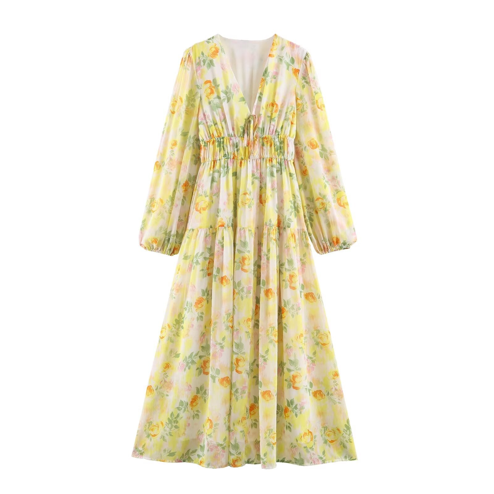 Summer Simple Thin Five Color Printed Chiffon Jumpsuit Long Sleeve Dress