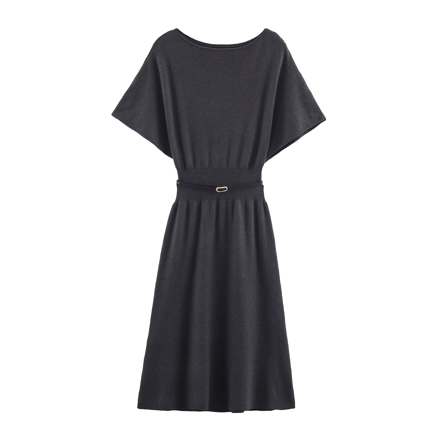 Women Clothing with Belt Knitted Mid Length Dress