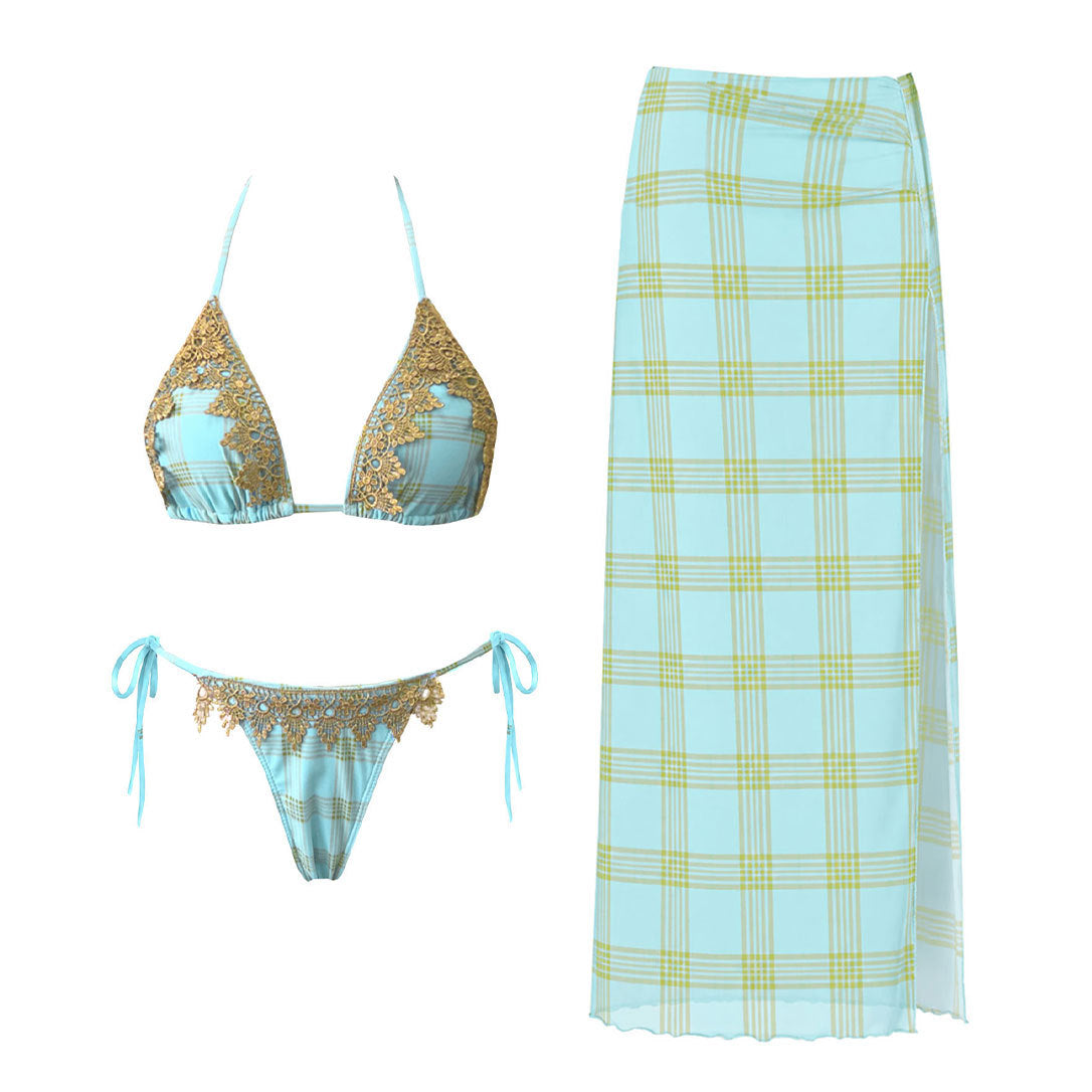 Fresh Plaid Printed Lace up Sexy Backless Split Swimsuit Women Skirt Three Point Bikini