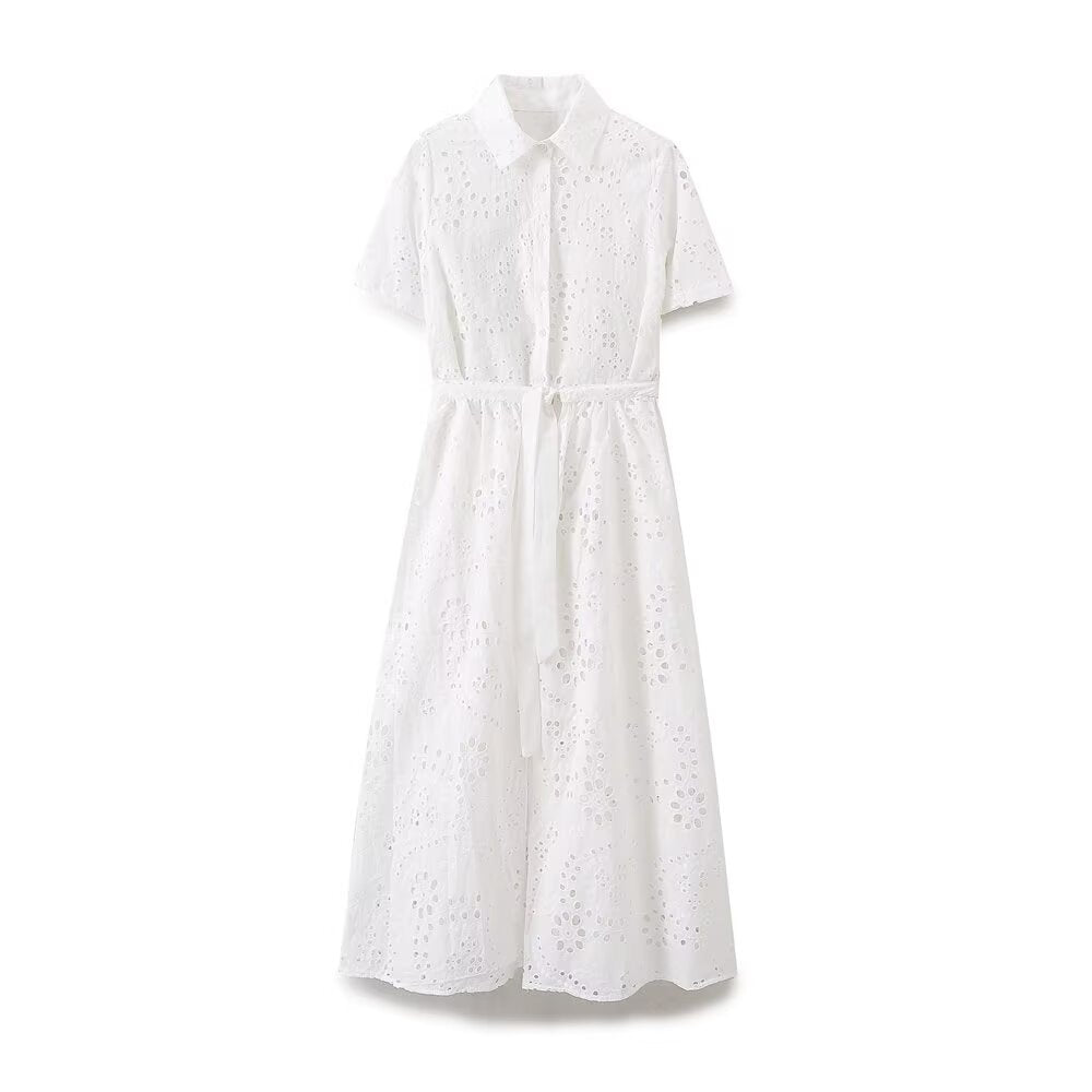 Women Clothing Sweet Cutout Machine Embroidery Collared Tied Shirt Dress