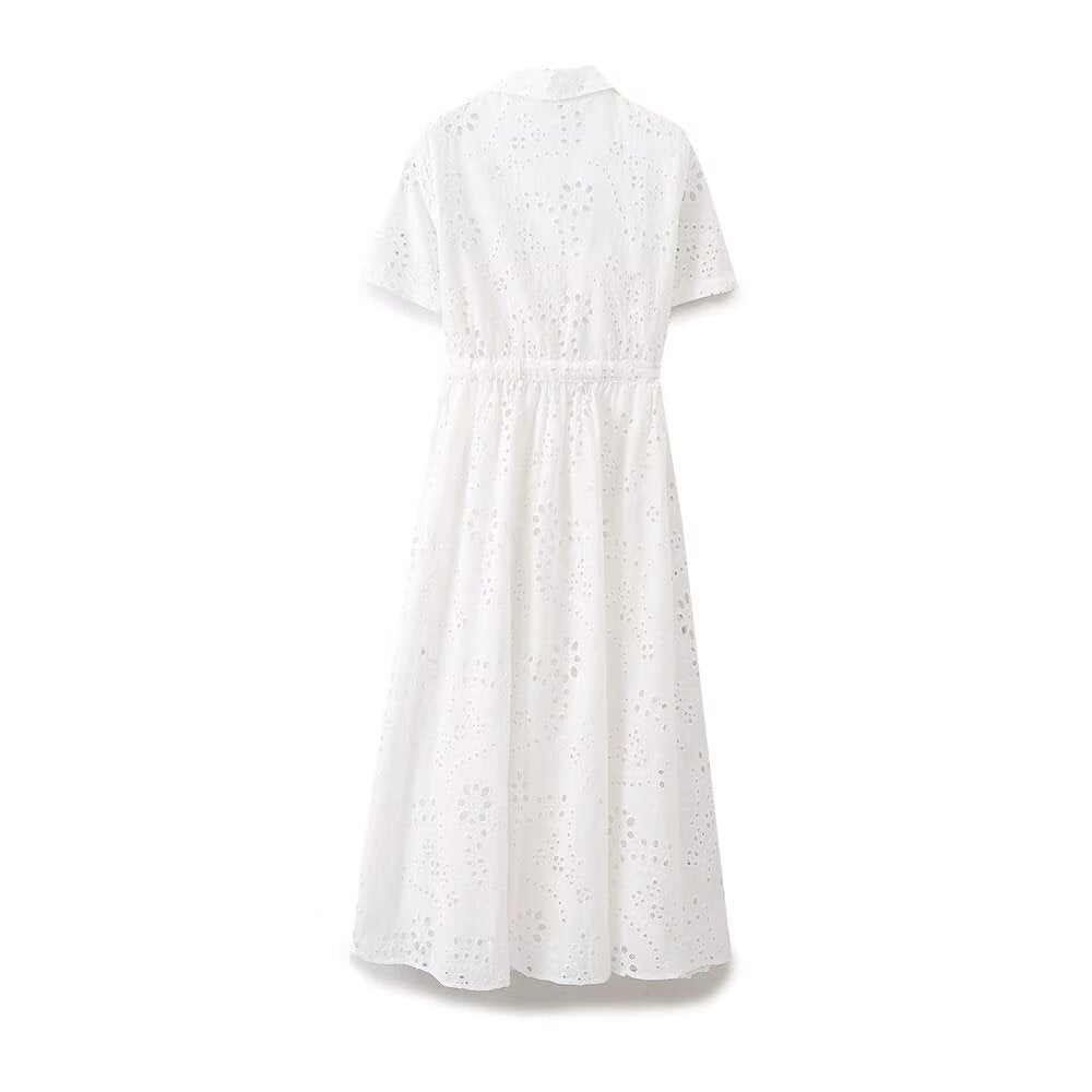 Women Clothing Sweet Cutout Machine Embroidery Collared Tied Shirt Dress