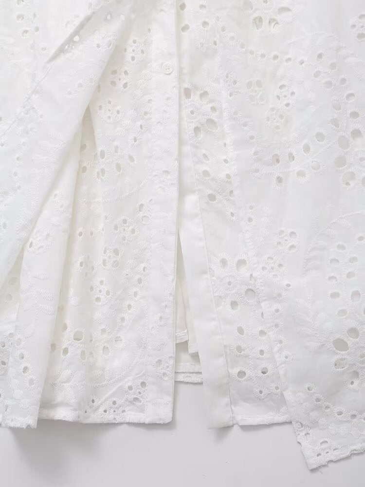 Women Clothing Sweet Cutout Machine Embroidery Collared Tied Shirt Dress