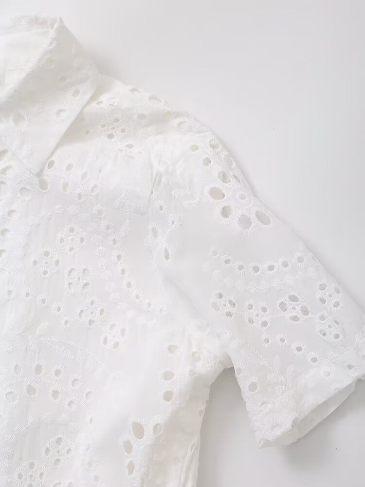 Women Clothing Sweet Cutout Machine Embroidery Collared Tied Shirt Dress