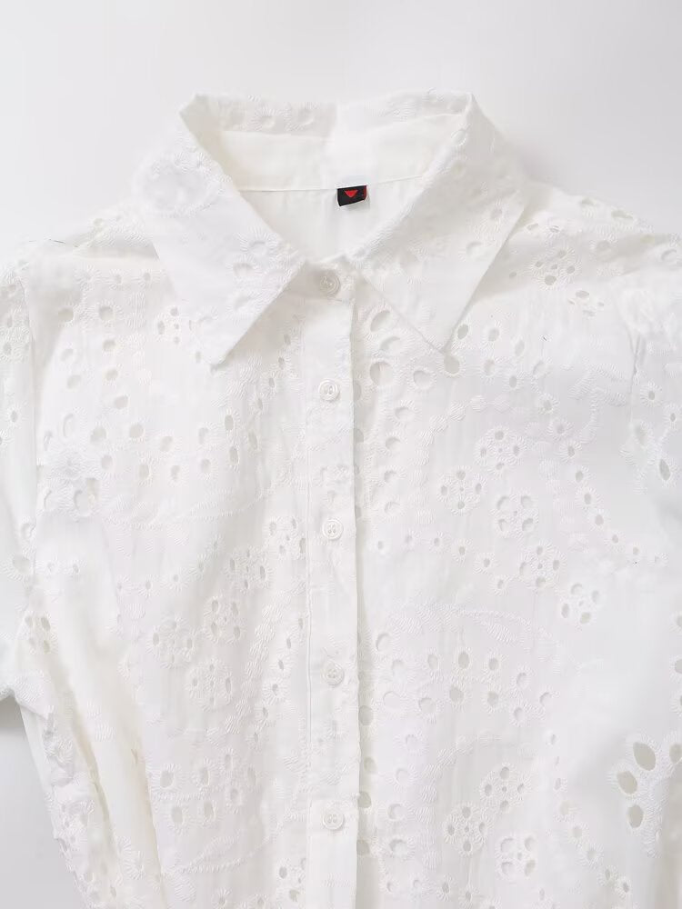 Women Clothing Sweet Cutout Machine Embroidery Collared Tied Shirt Dress