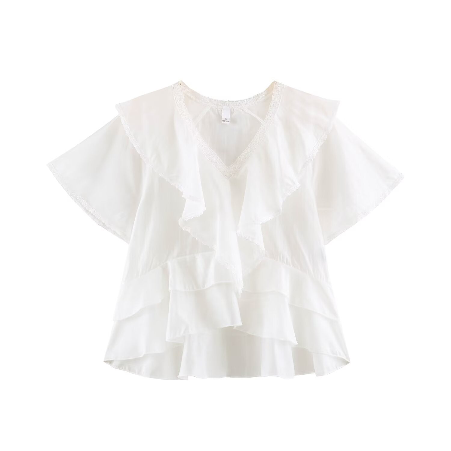 Women Clothing Summer Lace V neck Patchwork Ruffled French White Shirt