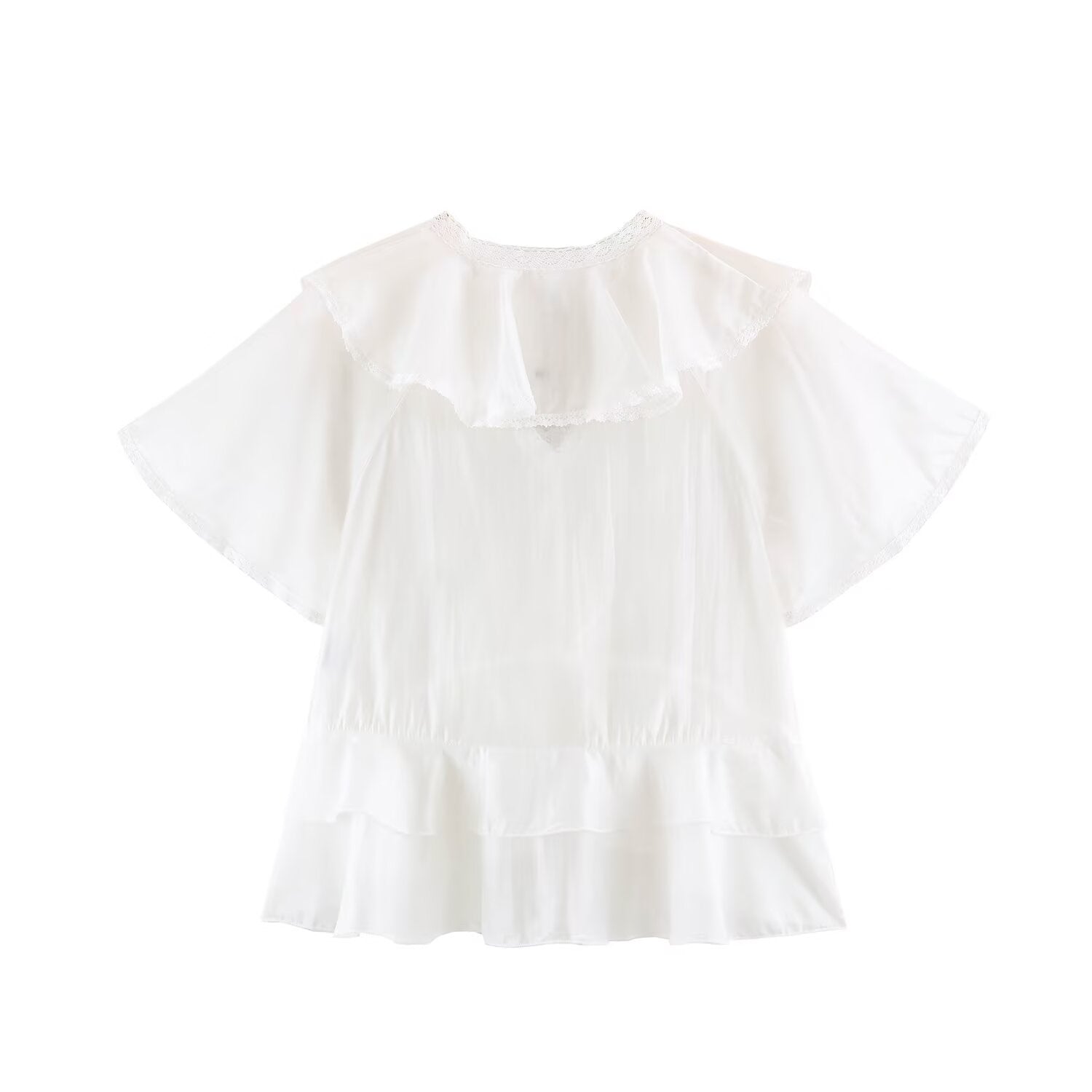 Women Clothing Summer Lace V neck Patchwork Ruffled French White Shirt