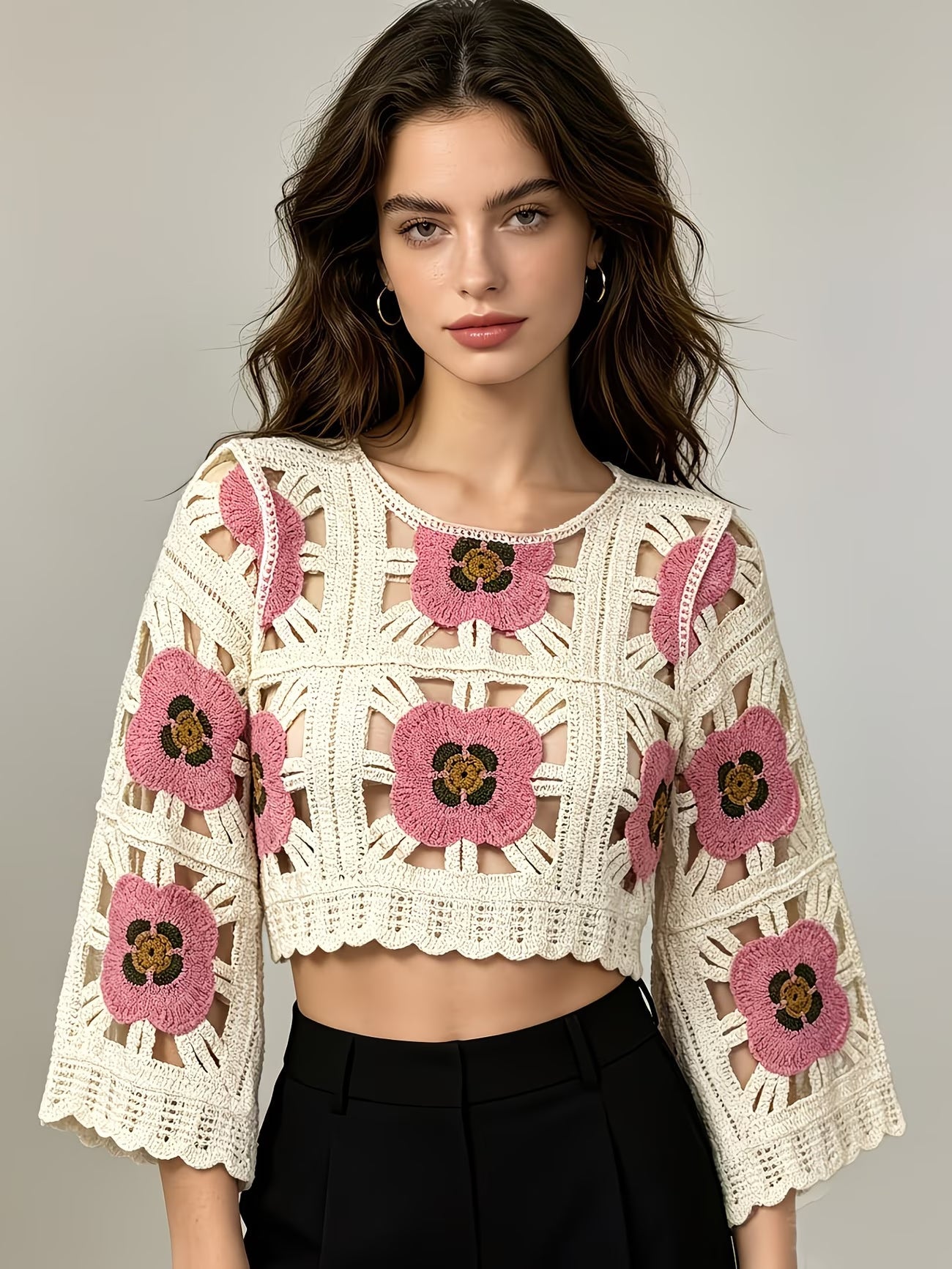 Women Summer Openwork Crochet Floral Color Block Short Knit Cardigan Top