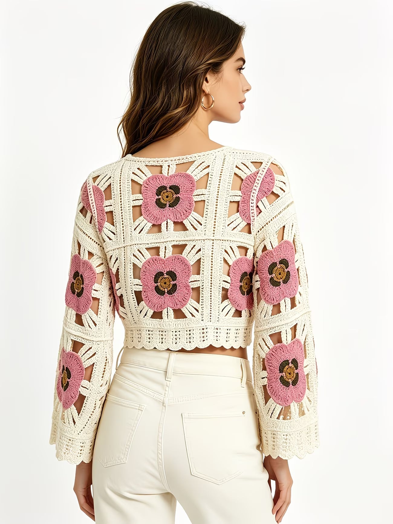 Women Summer Openwork Crochet Floral Color Block Short Knit Cardigan Top