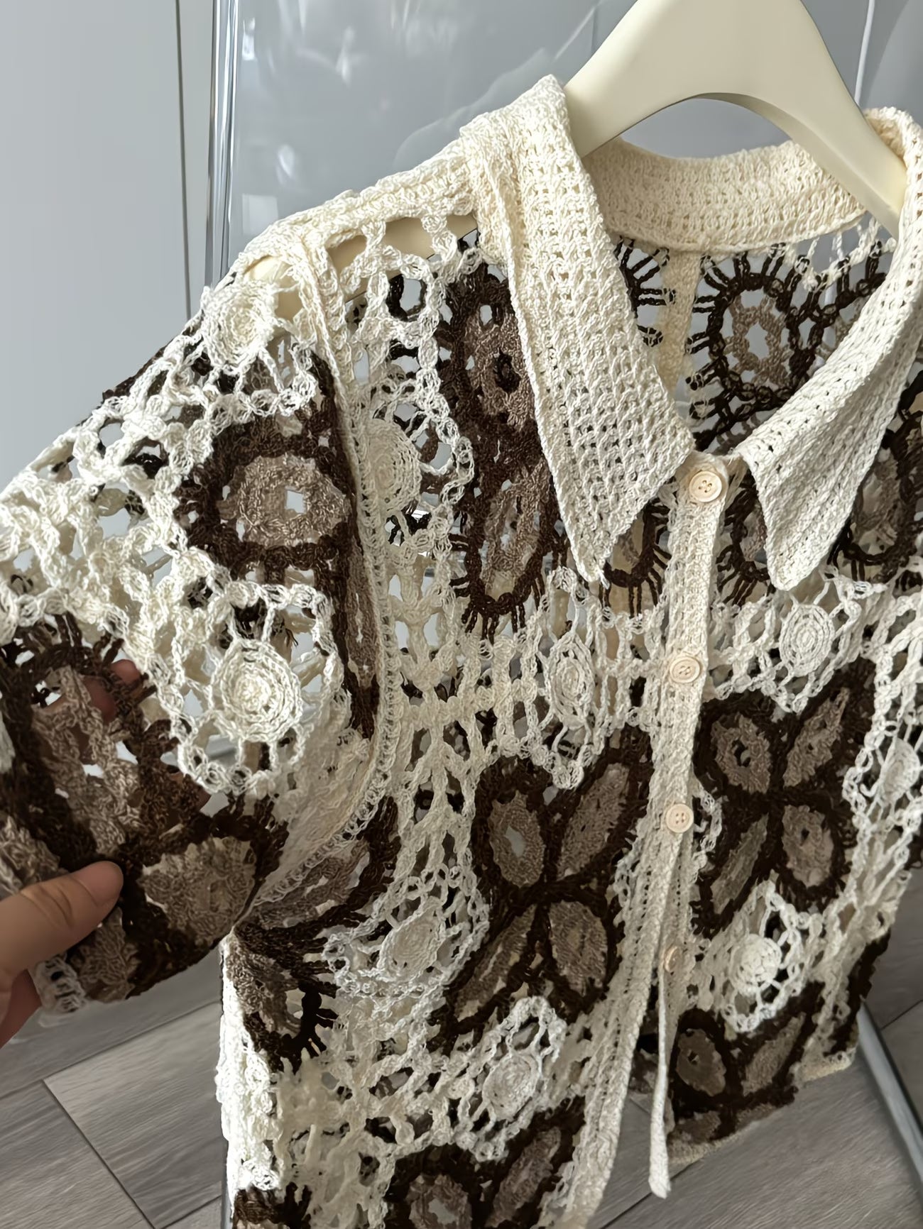 Women Summer Hook Patterned Open Cardigan With Perforated Design Short Sleeves Featuring Colorful Patchwork Sun Protection