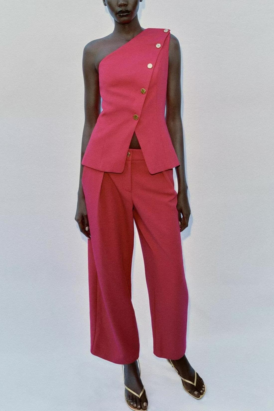 Summer Women Asymmetric Decorated Row Button Vest Tight Leg Pleated Pants Sets