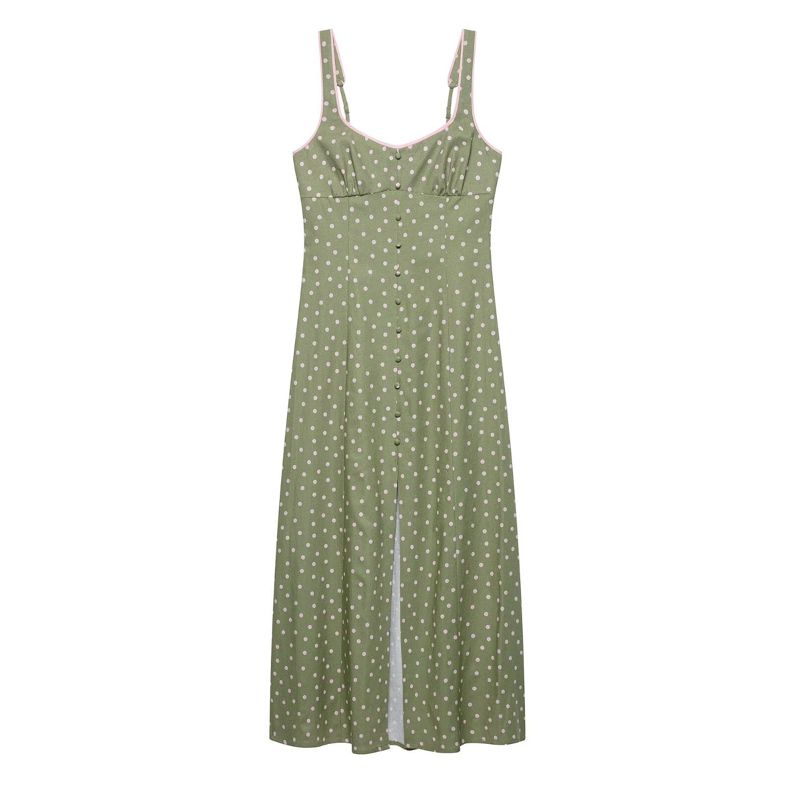 Women Clothing Summer Polka Dot Linen Blended Midi Dress Strap Dress