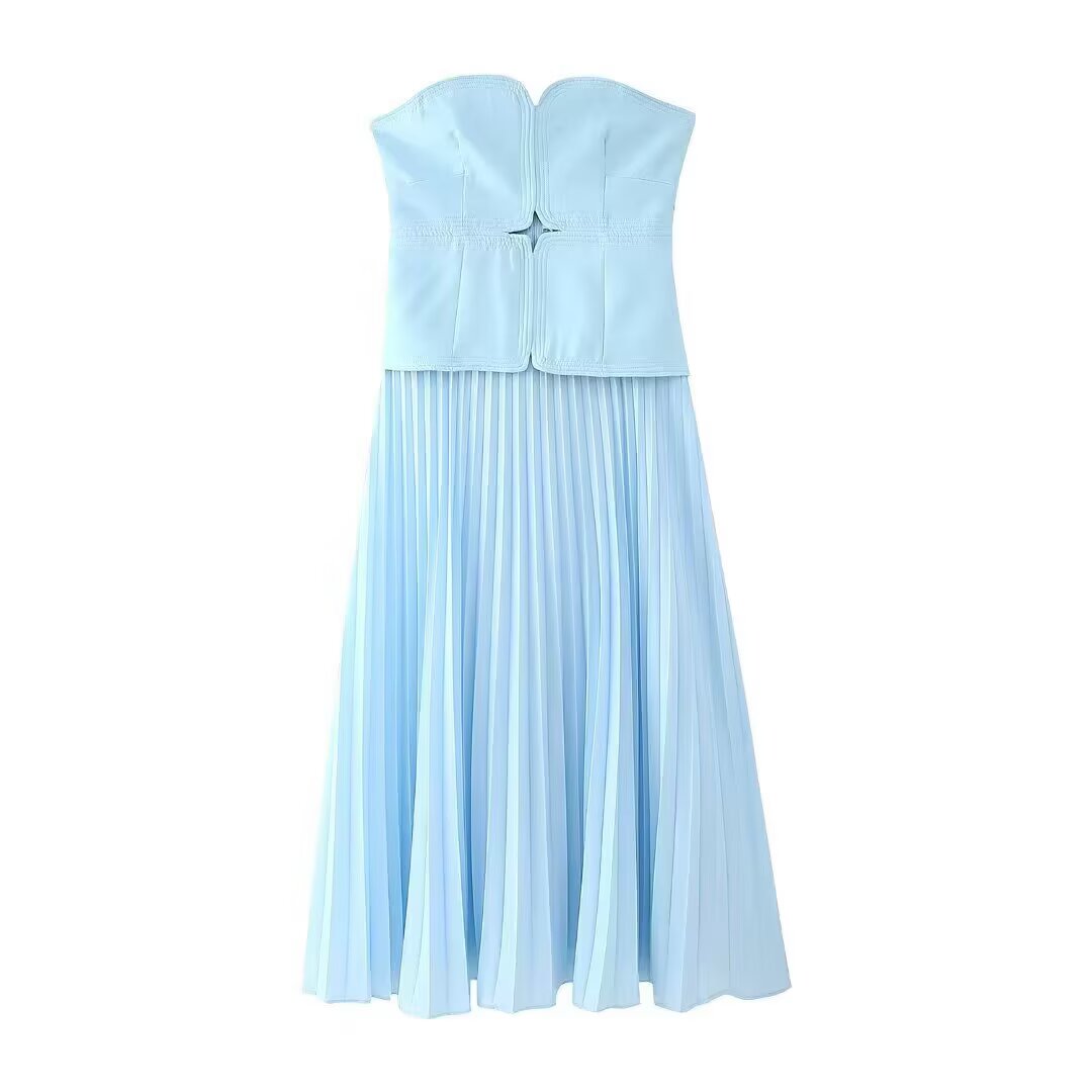 Women Clothing Summer Retro Sexy Slim Color Pleated Tube Top Dress