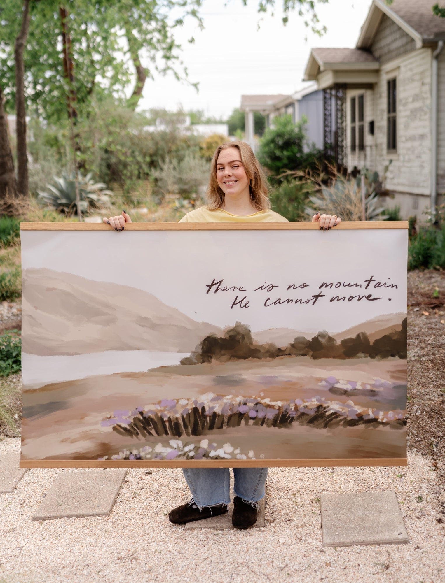Large Canvas with Banner Wood: There is no mountain He cannot move