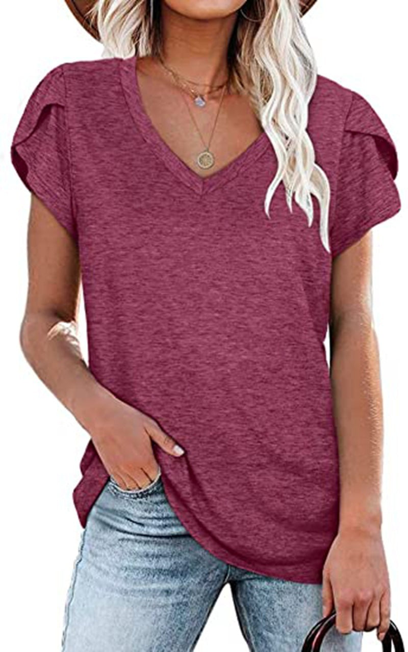 🌸 Women's V-Neck Petal Sleeve Summer T-Shirt – Elegant & Breezy