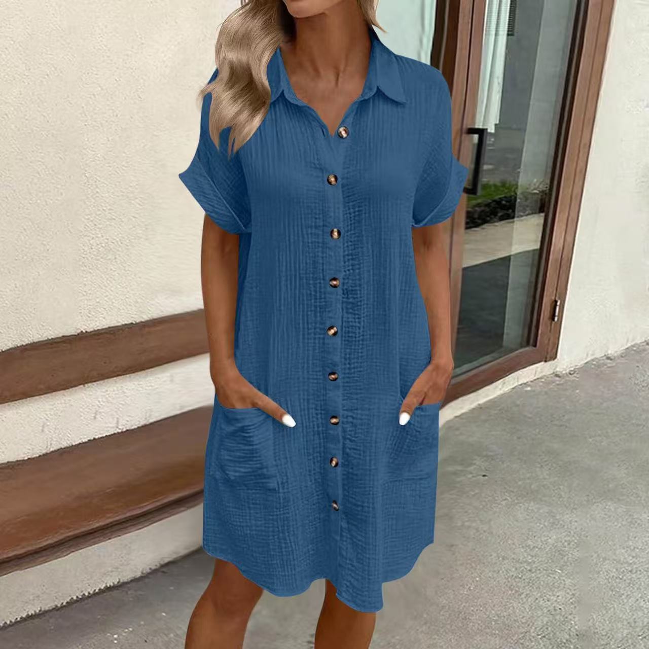 Women's Casual Loose Short-Sleeve Midi Shirt Dress – Button-Down