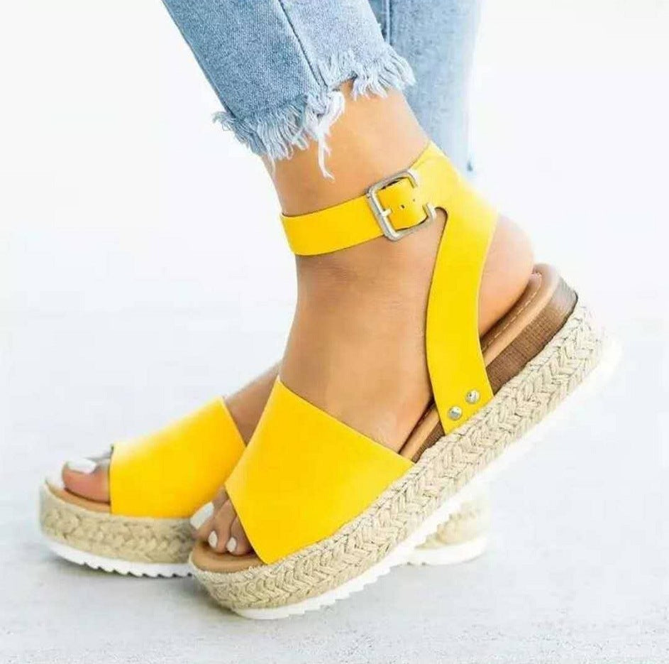 plus Size Summer Platform Heel Buckle Sandals Women Leopard Print Hemp Rope Woven Wedge