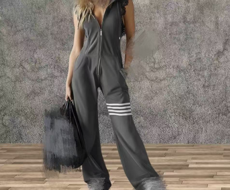 Women's Sporty Retro Lace-Up Striped Sleeveless Hooded Jumpsuit – Wide Flare Leg