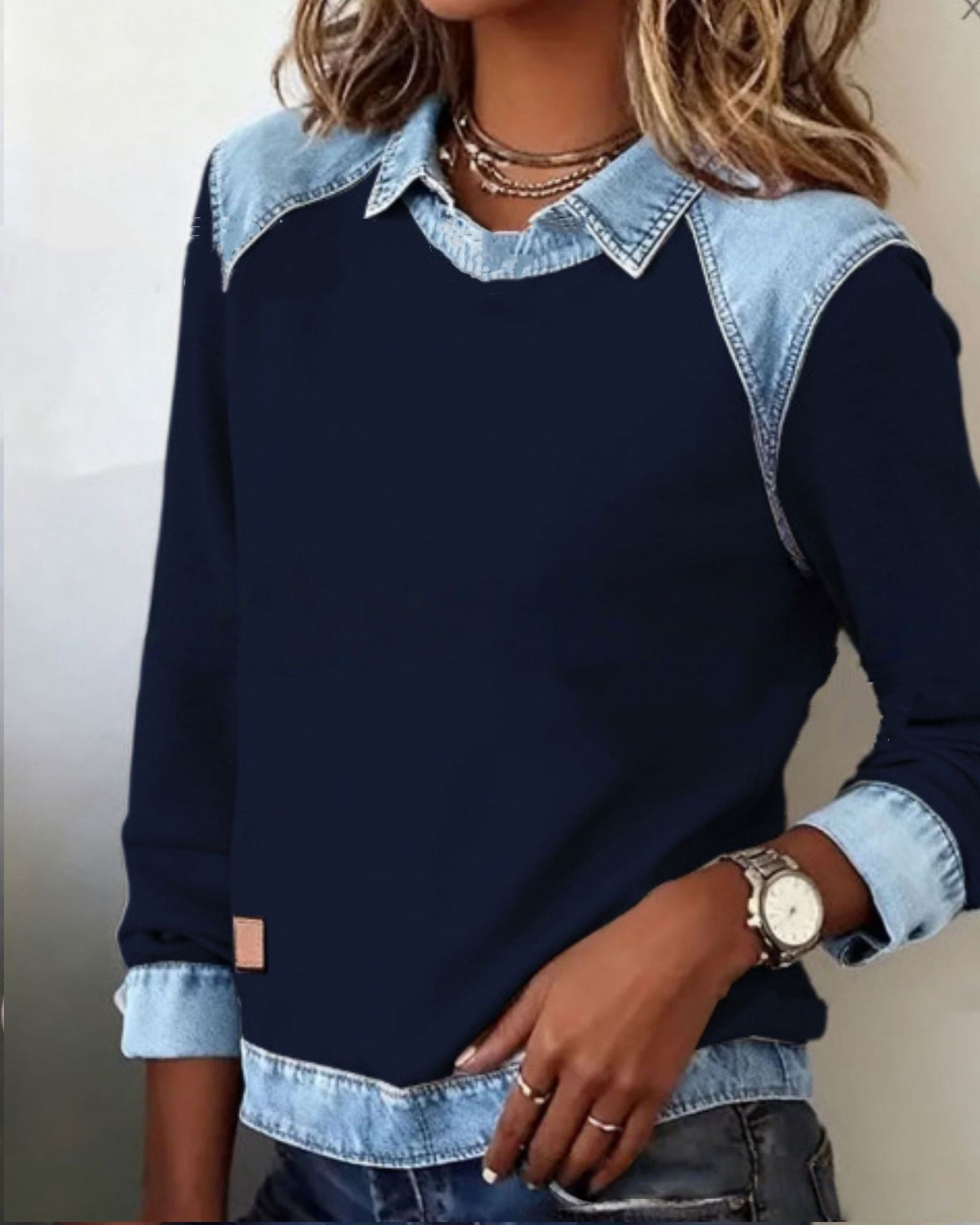 Denim Collar Patchwork Pullover Knitwear Top – Women’s Street Style