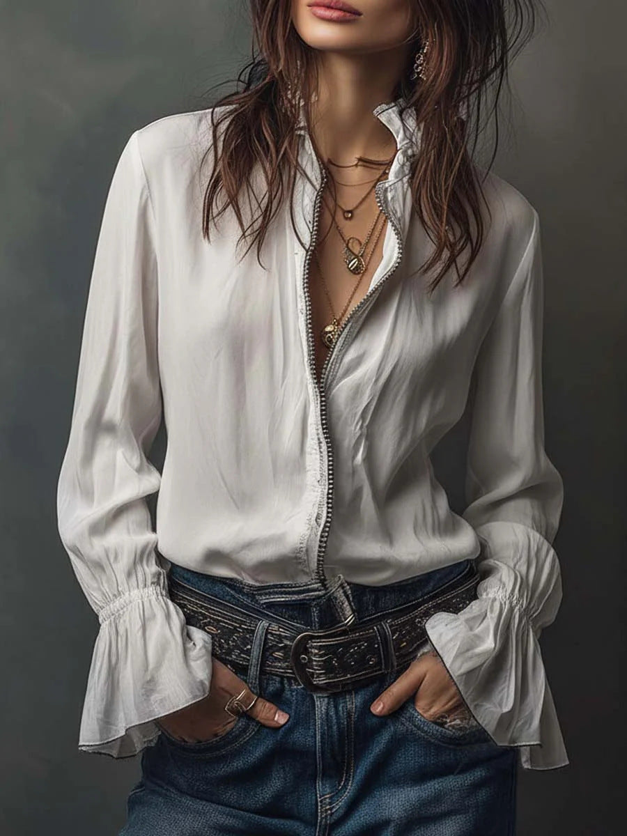 Women's Ruffled Sleeve Resort Shirt – Stretch Casual Long Blouse