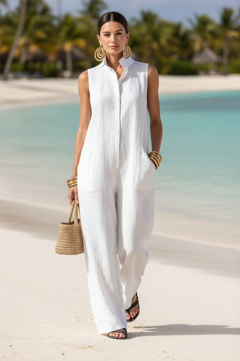 Linen Blend Sleeveless Stand-Collar Jumpsuit – 5 Colors S–3XL