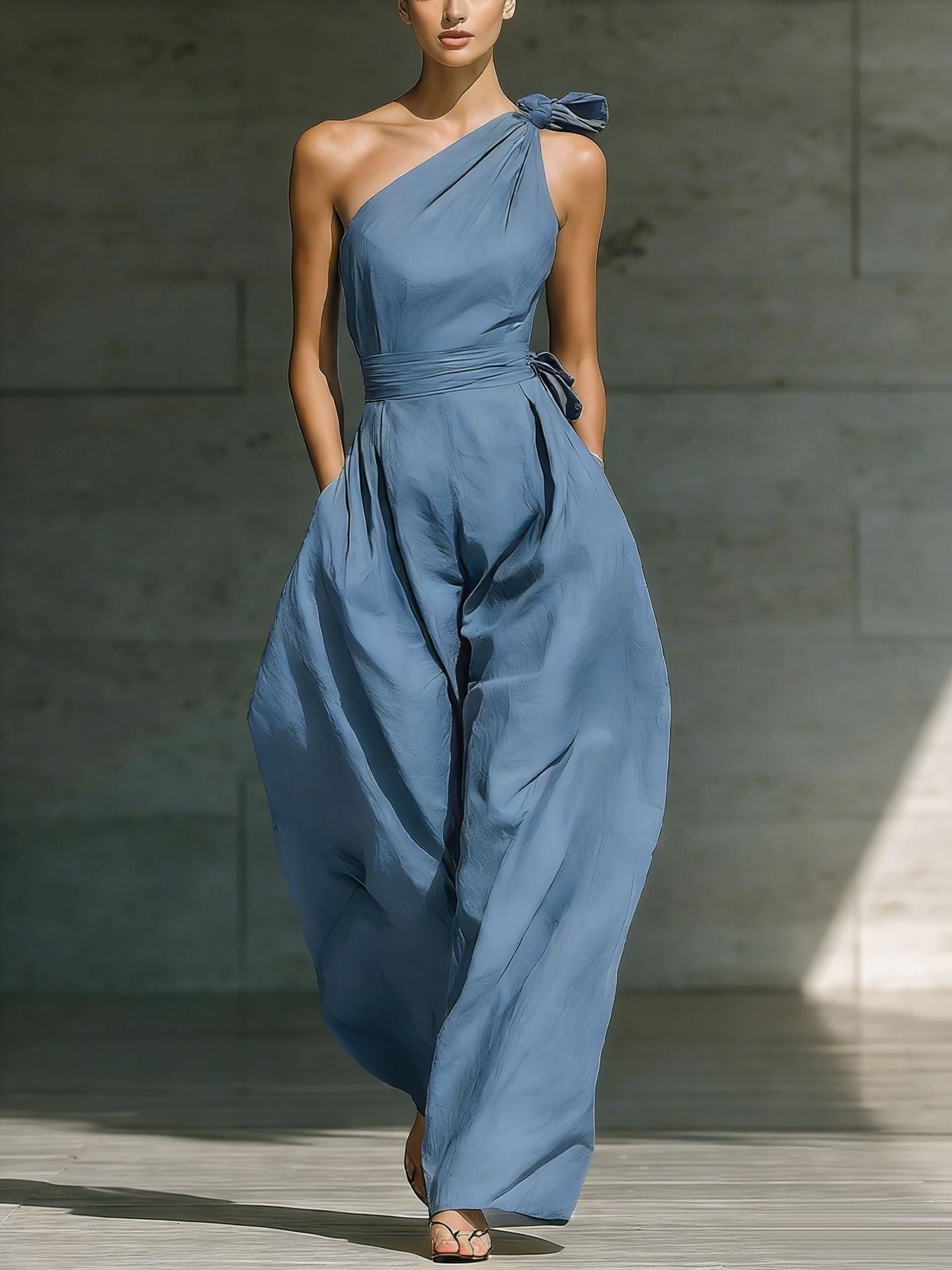 Women's Loose Sleeveless Off-Shoulder Belted Wide-Leg Jumpsuit