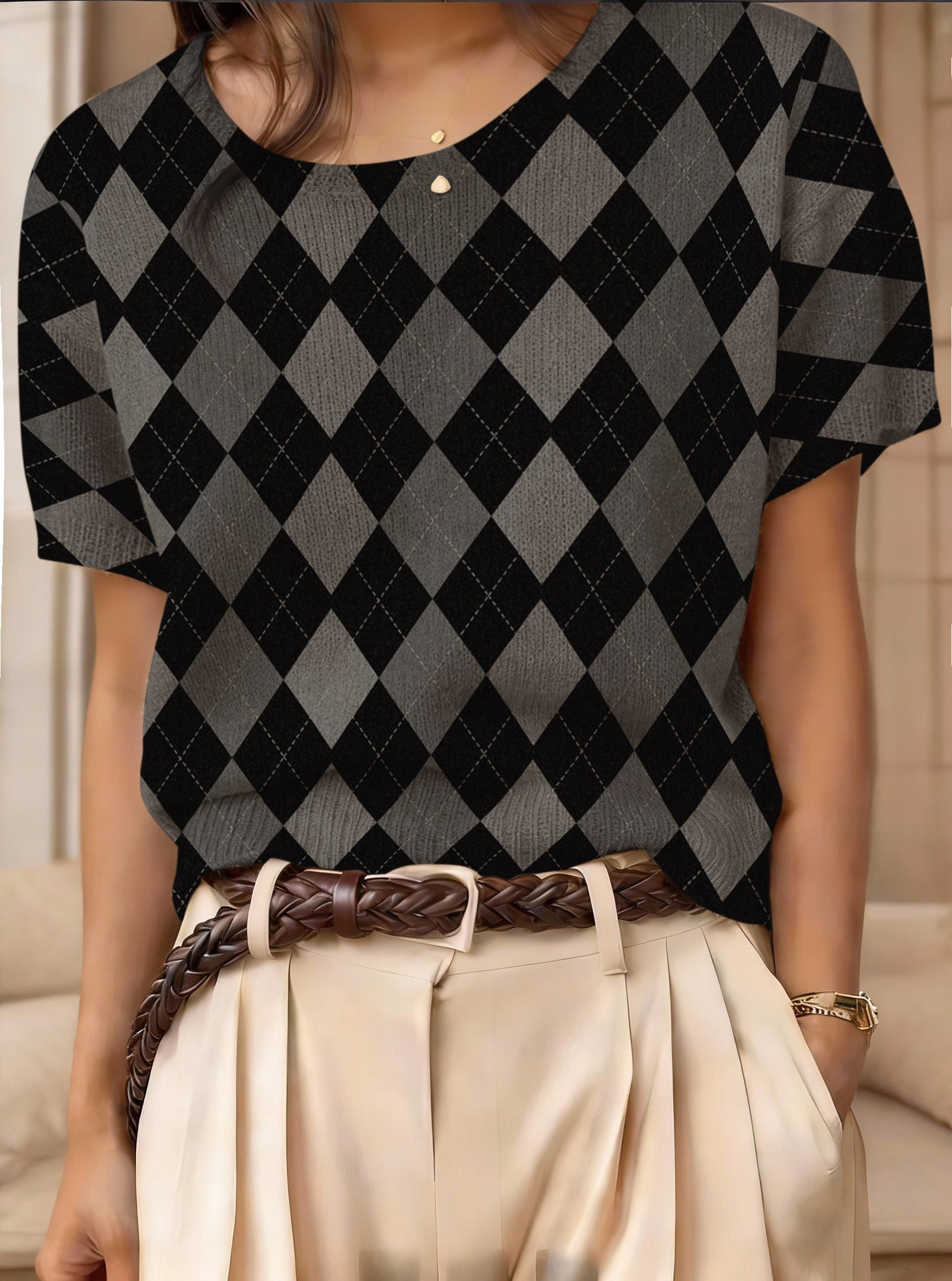 Women's Retro Short-Sleeve Jacquard Knit Top
