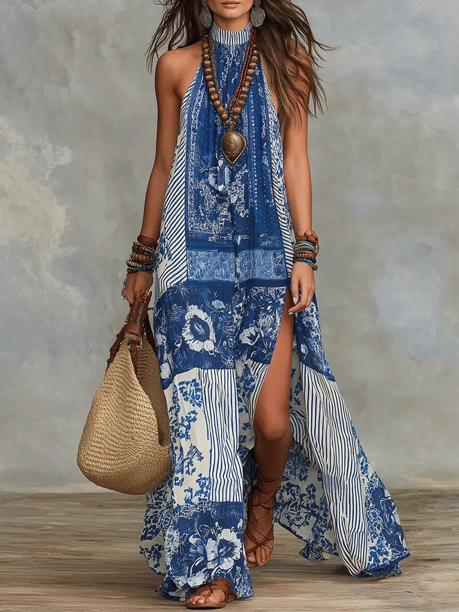 Women's Printed Halterneck Split Maxi Dress – Loose Fit Sleeveless