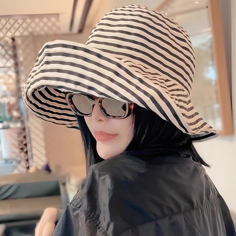 Women's Wide-Brim Striped Sun Hat – UV Protection & Adjustable Fit