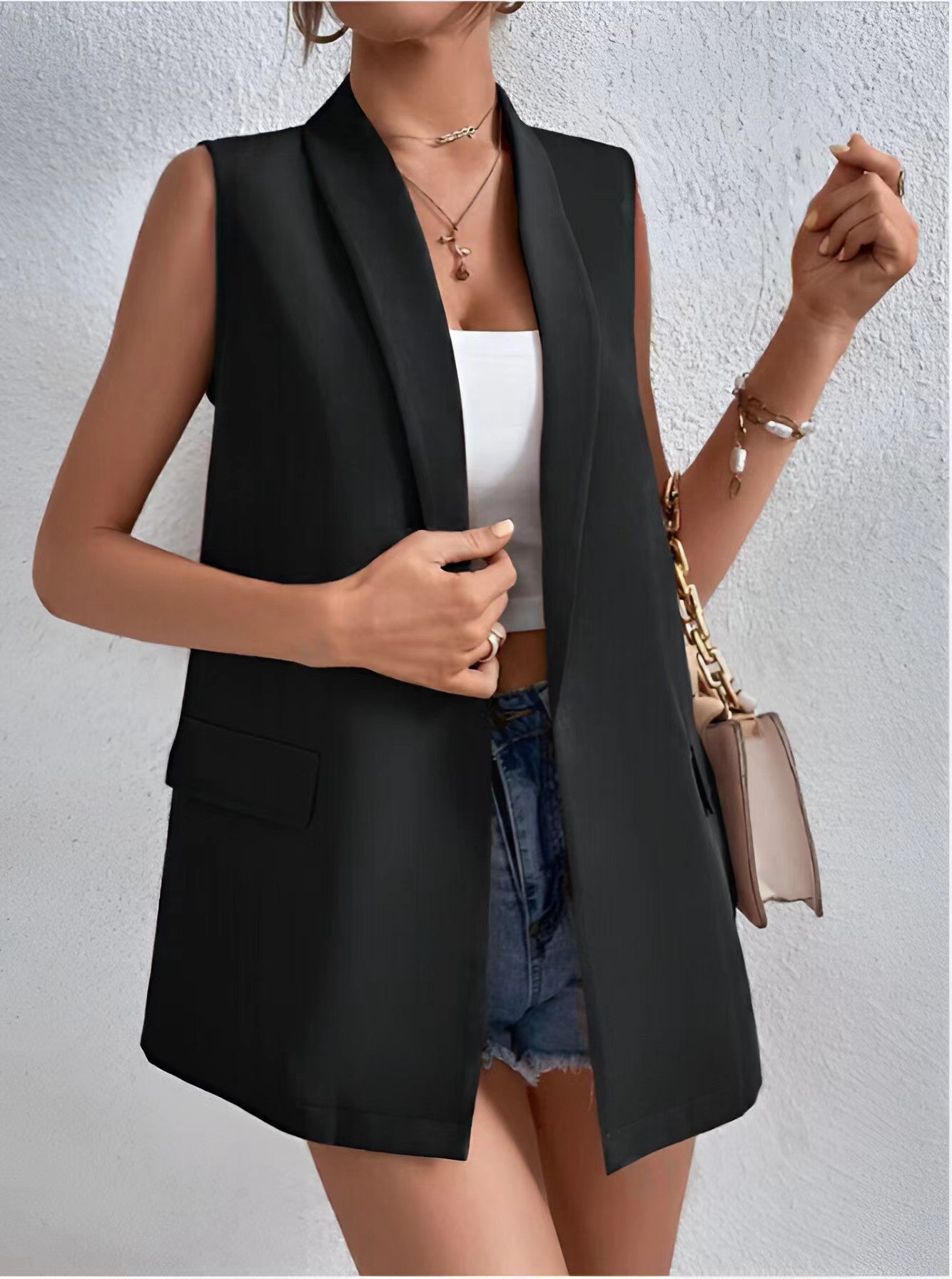 Women’s Mid-Length Suit Vest – Sleeveless Office Blazer