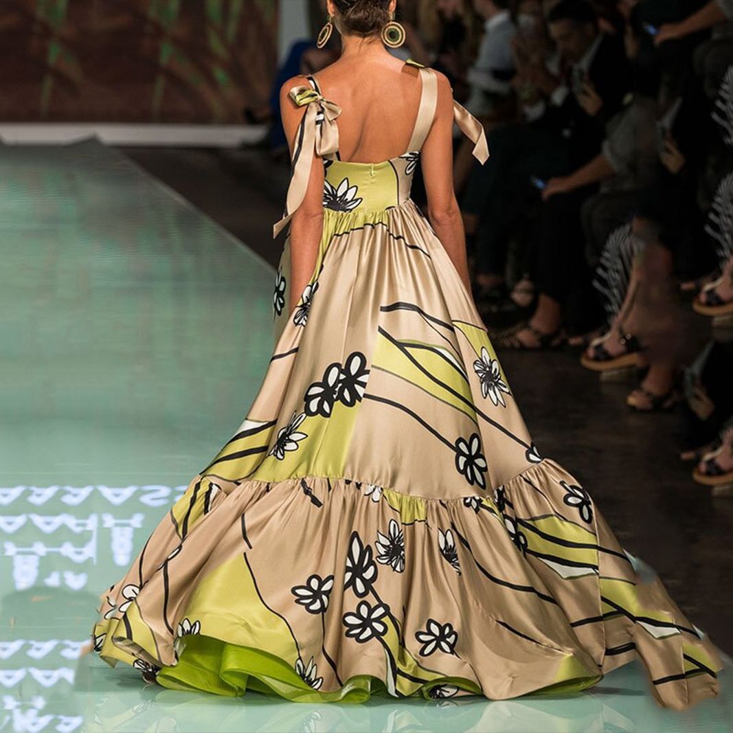 Spring Summer New Print Backless Lace up Print Irregular Asymmetric Bohemian Women Dress