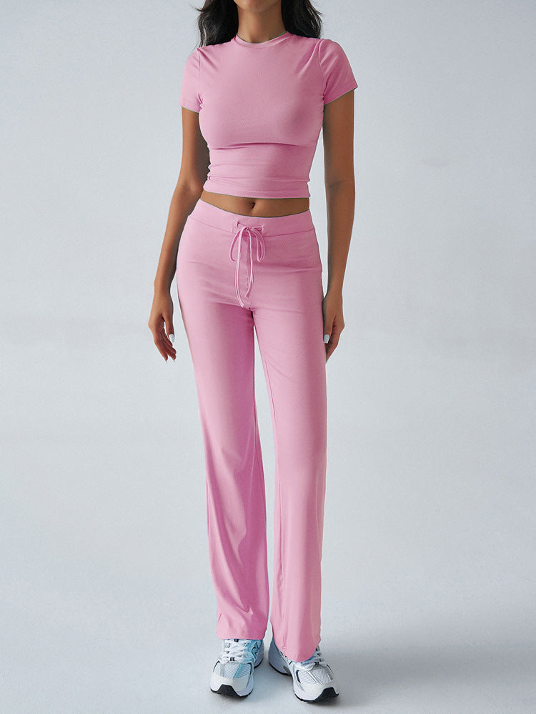 Crew Neck Short Sleeve Top & Full-Length Pants Set – Solid Color, 10 Colors