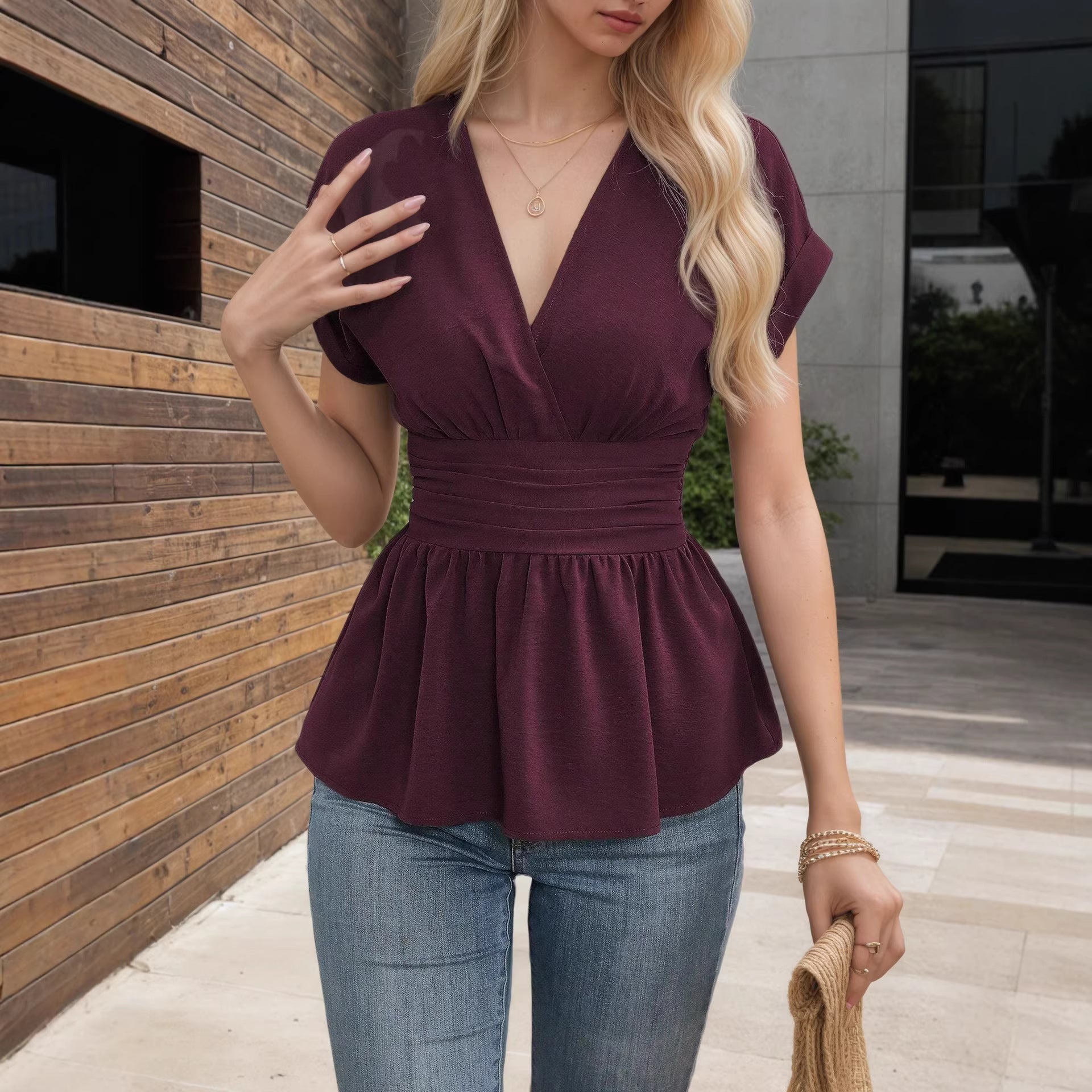 Women's V-Neck Fitted Waist Peplum Top – Ruched Waistband Cap Sleeve Pleated Hem Blouse