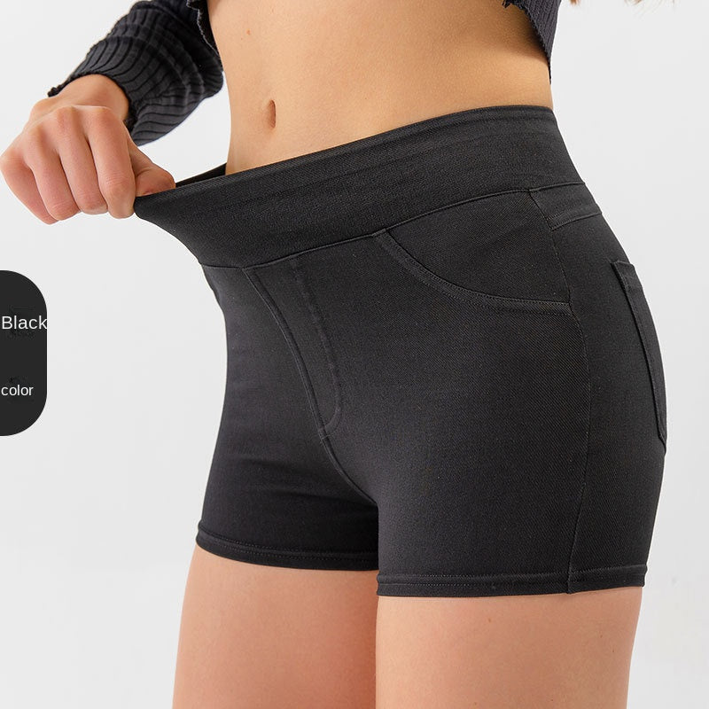 Denim-Look High-Waist Hip-Lifting Yoga Shorts – Slimming Tummy Control Fitness Shorts
