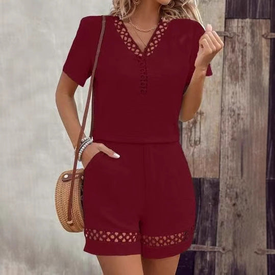 Boho Chic Lace Detail Outfit V-Neck Short Sleeve Summer Set