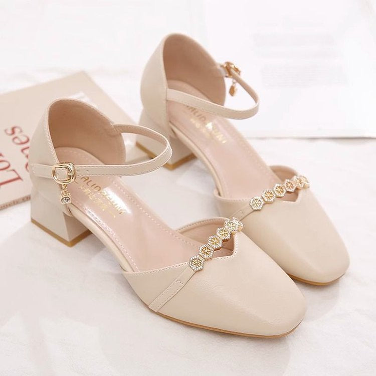 Women's Mid-Heel Slingback Pumps – Square Toe Buckle Strap
