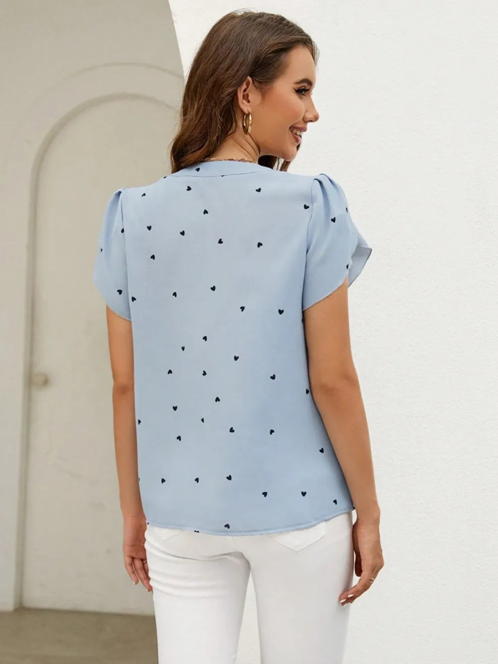 Women's V-Neck Heart Print Blouse – Petal Sleeve Pleated Front Elegant Top