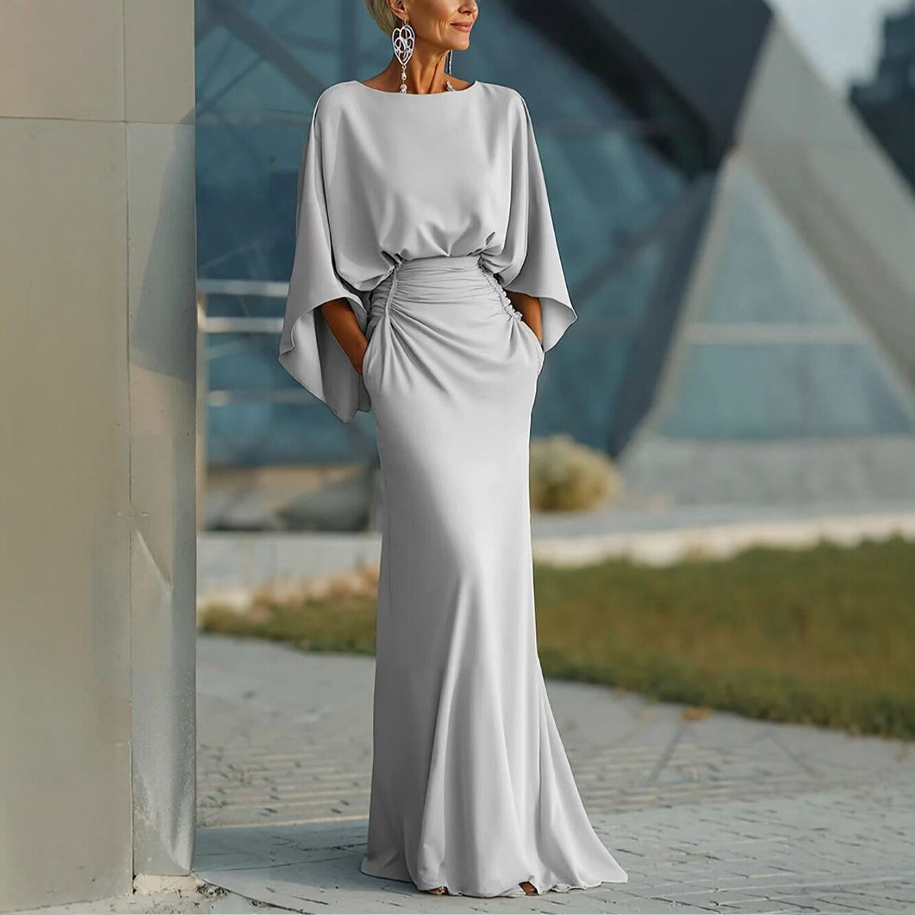 Women's Elegant Backless Pleated Batwing Sleeve Maxi Dress — Silver Mermaid Gown