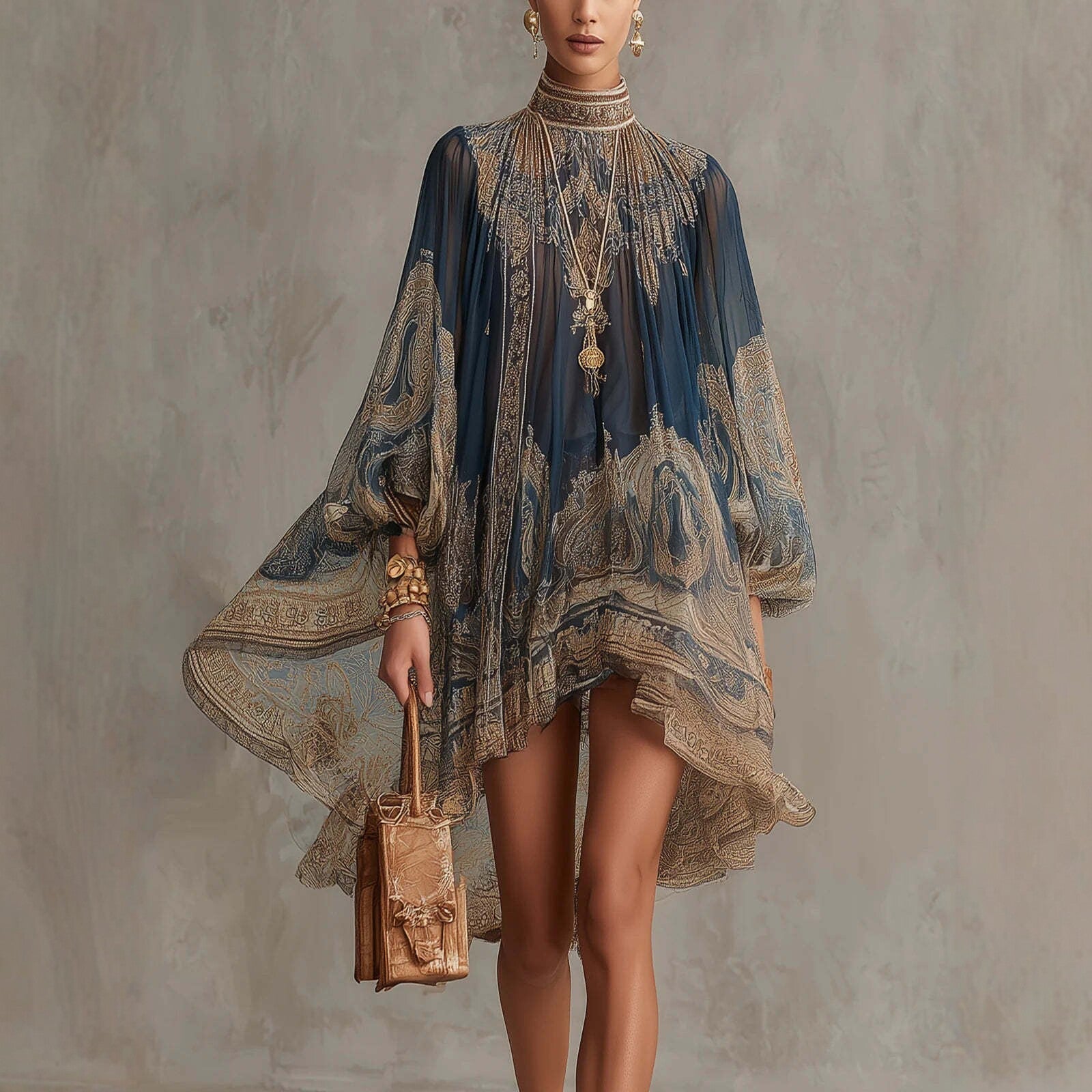 Navy Blue Printed Puff Sleeve Stand Collar Dress – Loose Boho Asymmetric Hem Dress for Women