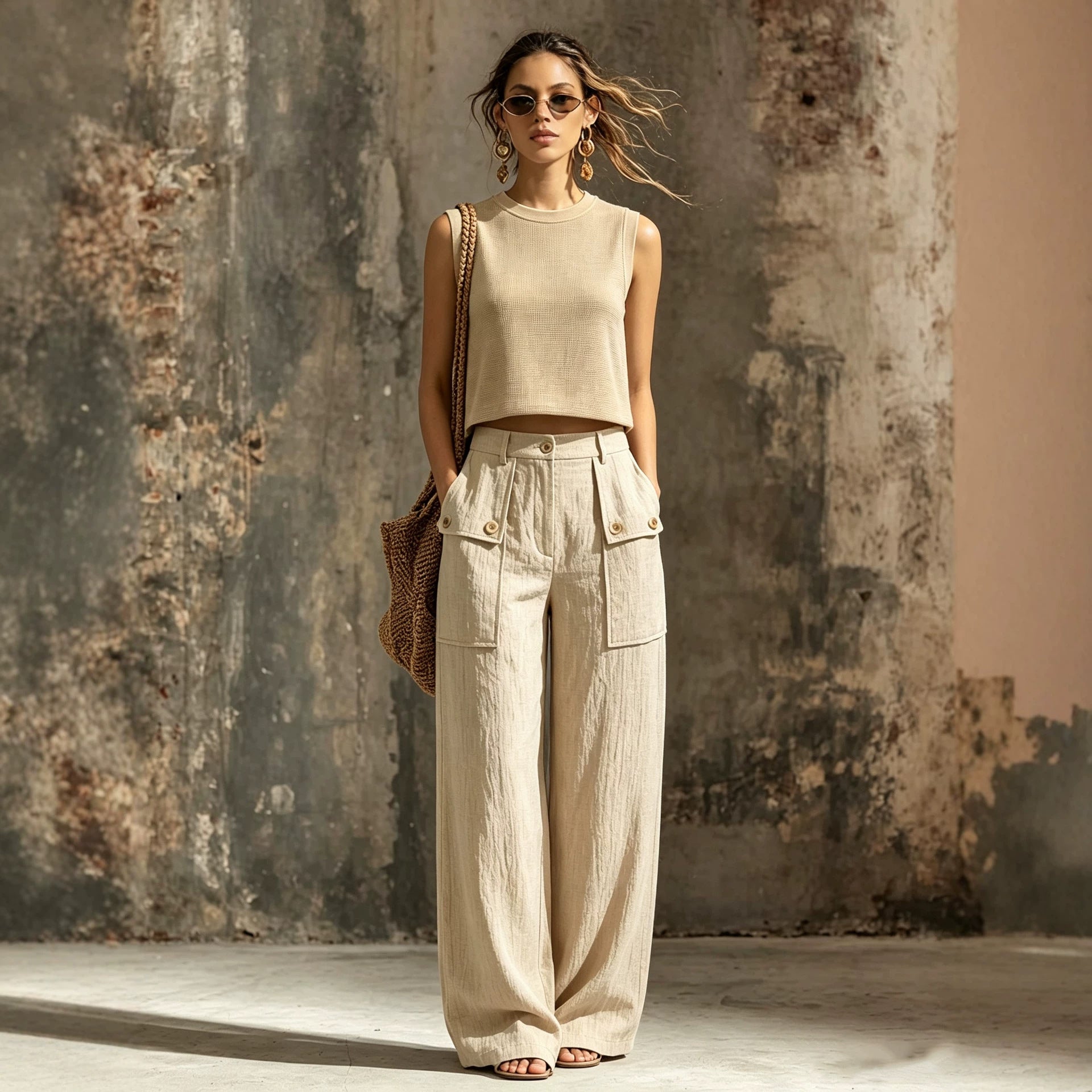 Women's Sleeveless Knit Vest & Wide Leg Pants Two-Piece Set – Casual Linen Khaki