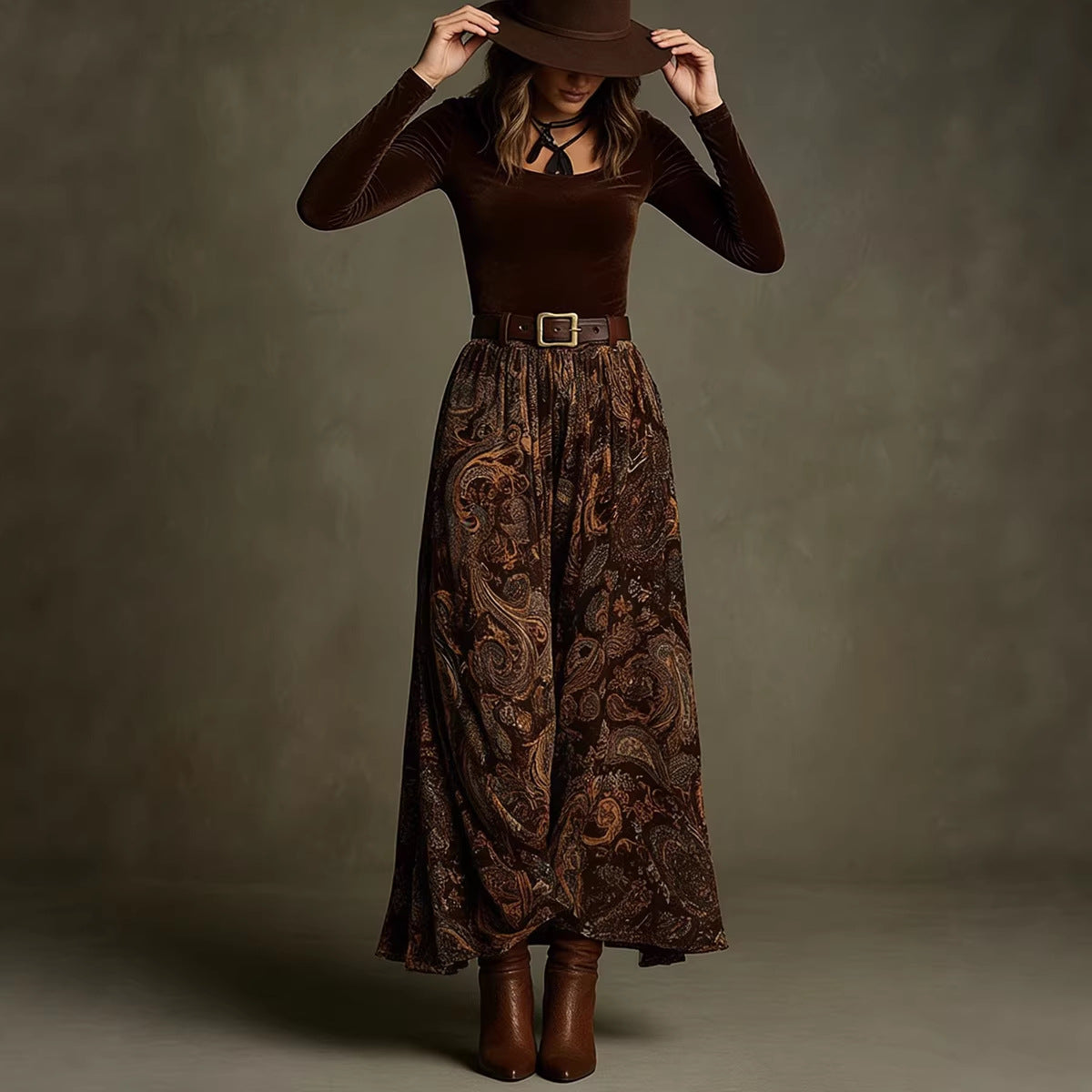 Women's Floral Print Long Sleeve Skirt Set with Belt – Caramel