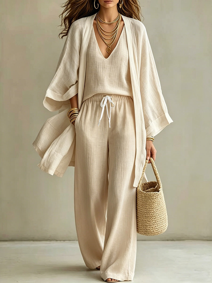 Women's 3-Piece Cardigan, Sleeveless Vest & Wide Leg Pants Set