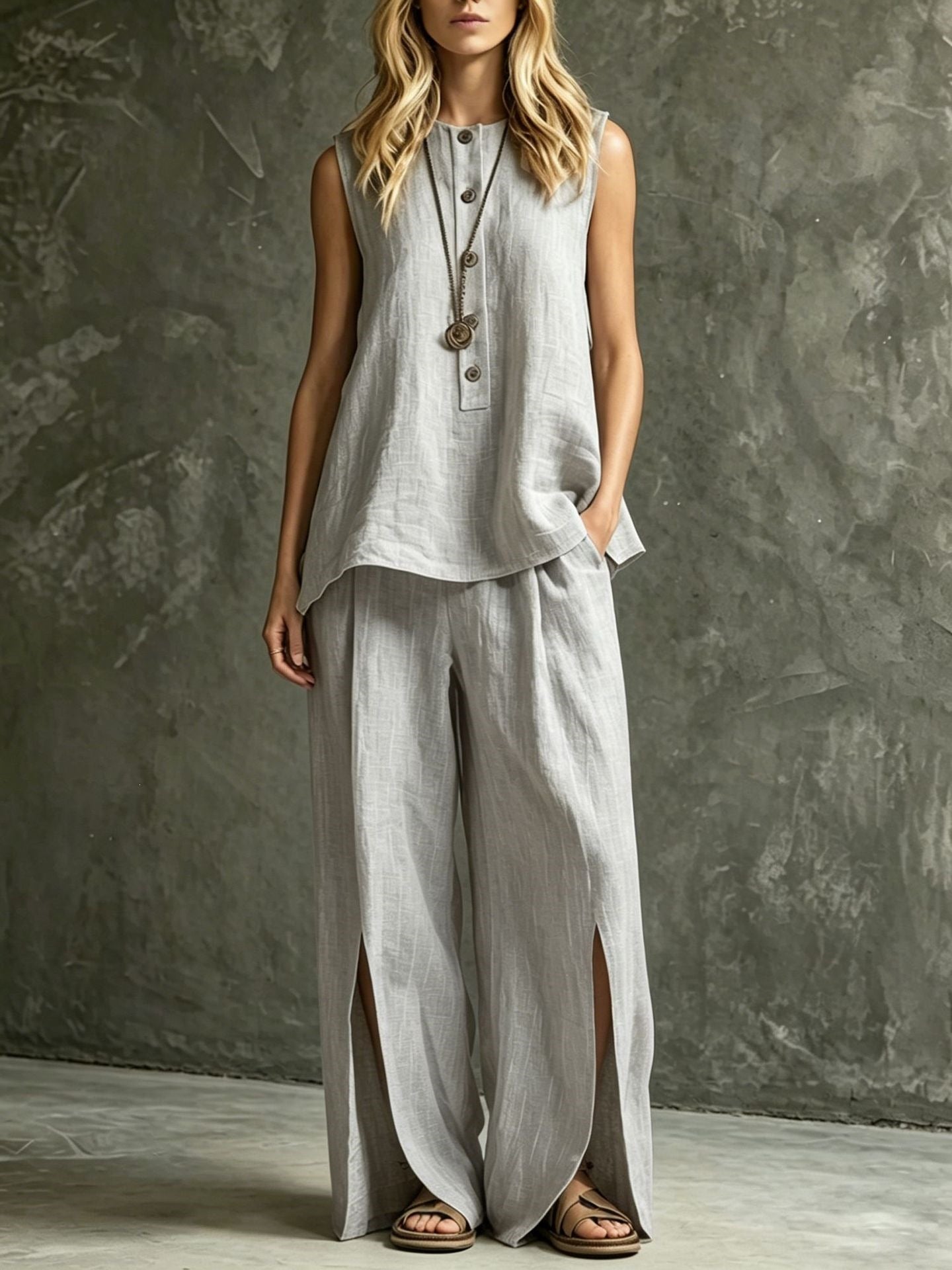 Women's Loose Sleeveless Tank Top & Slit Wide-Leg Pants Two-Piece Set