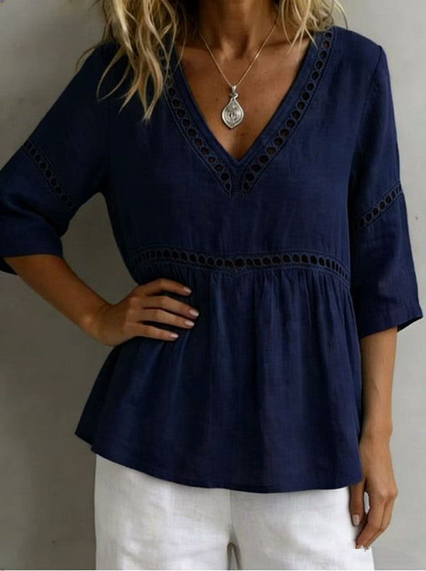 Women's V-Neck Hollow-Out Fringe Cotton-Linen Top