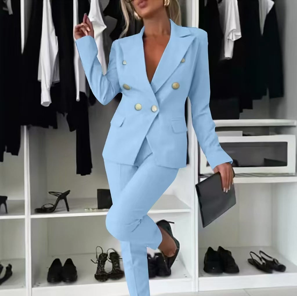 Double-Breasted Lapel Blazer & Zip-Up Trousers Suit