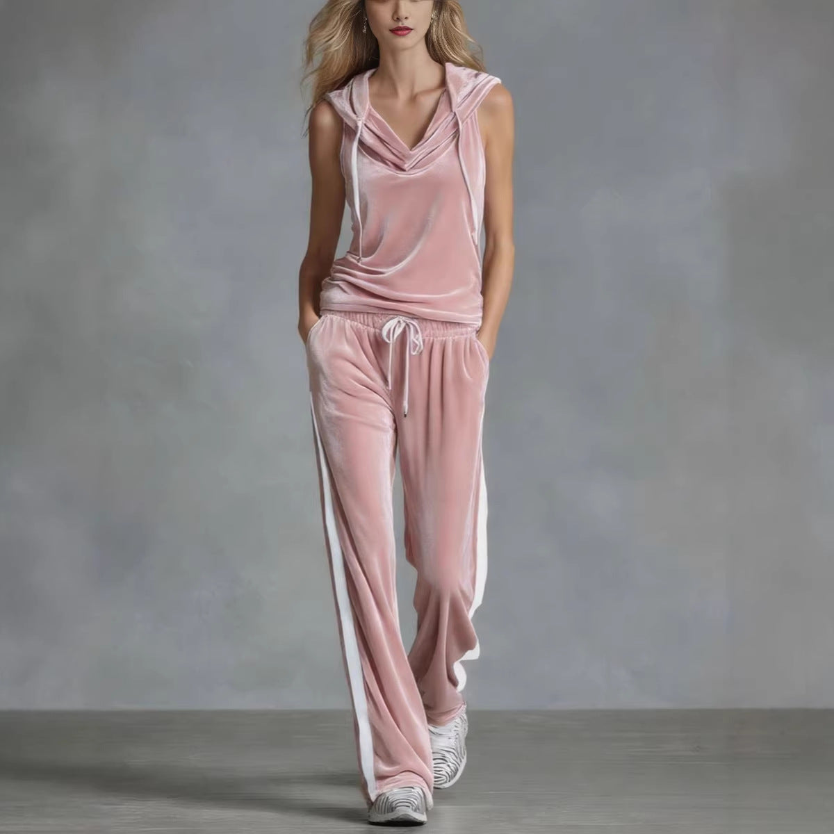 Women's Sleeveless Hooded Velvet Top & Long Pants Set | Casual Sporty 2-Piece in 6 Colors