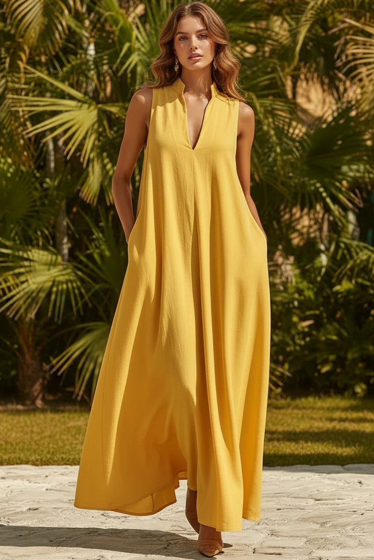 Linen Blend Sleeveless Stand-Collar Maxi Dress – 5 Colors S–3XL