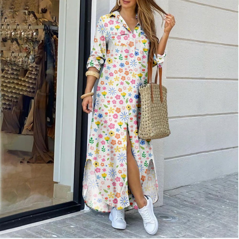 Women's Lapel-Collar Long Shirt Dress – Floral Print Midi Relaxed Fit