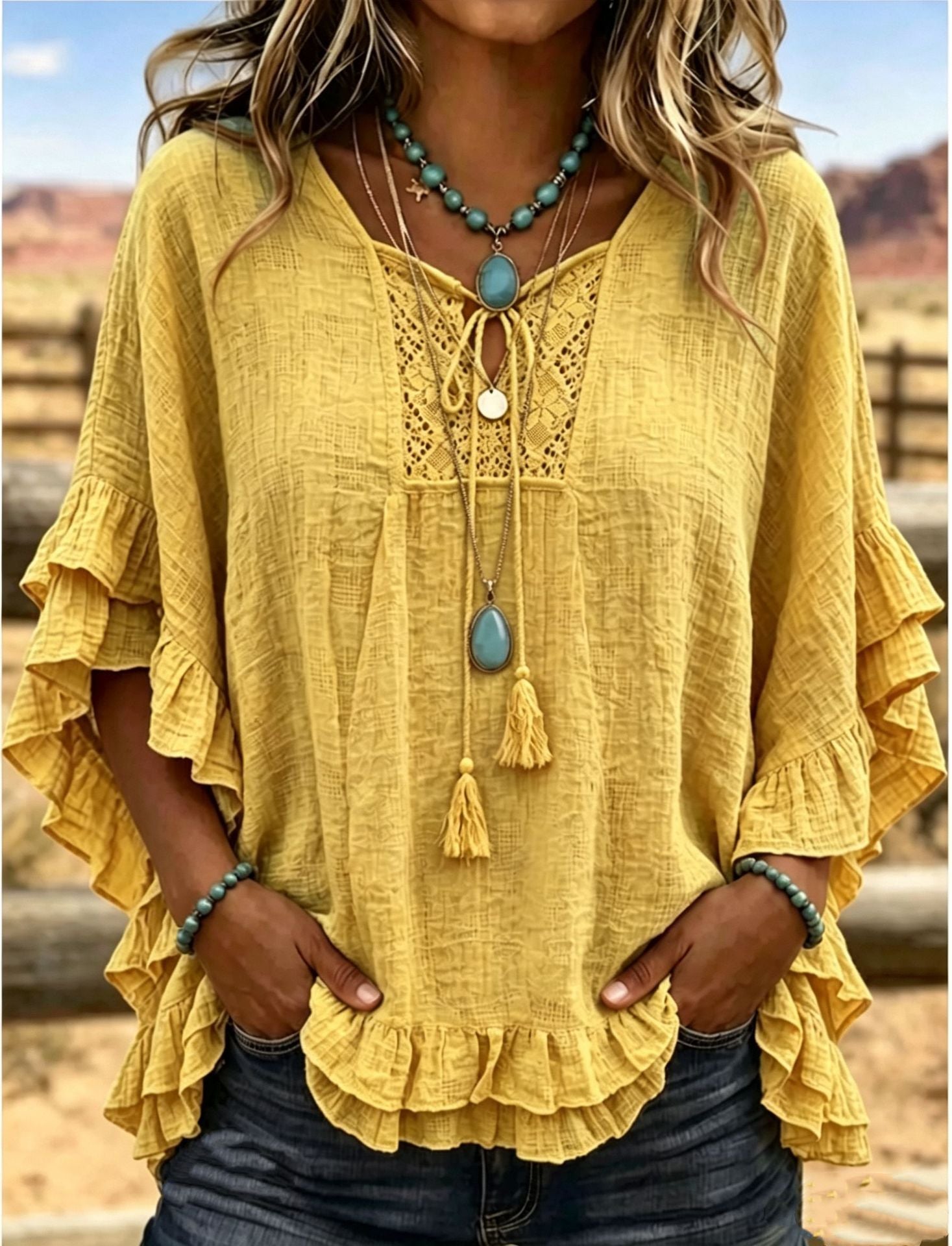 Women's Boho V-Neck Lace-Up Ruffle Sleeve Blouse – Lace Trim
